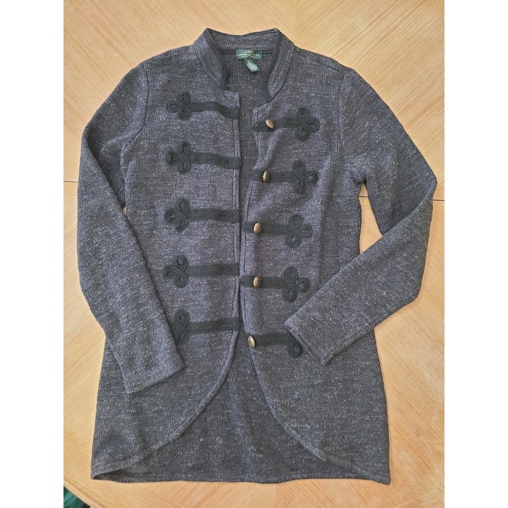 Lauren Ralph Lauren Military Cardigan Women Small Gray Black Soutache Good Trim